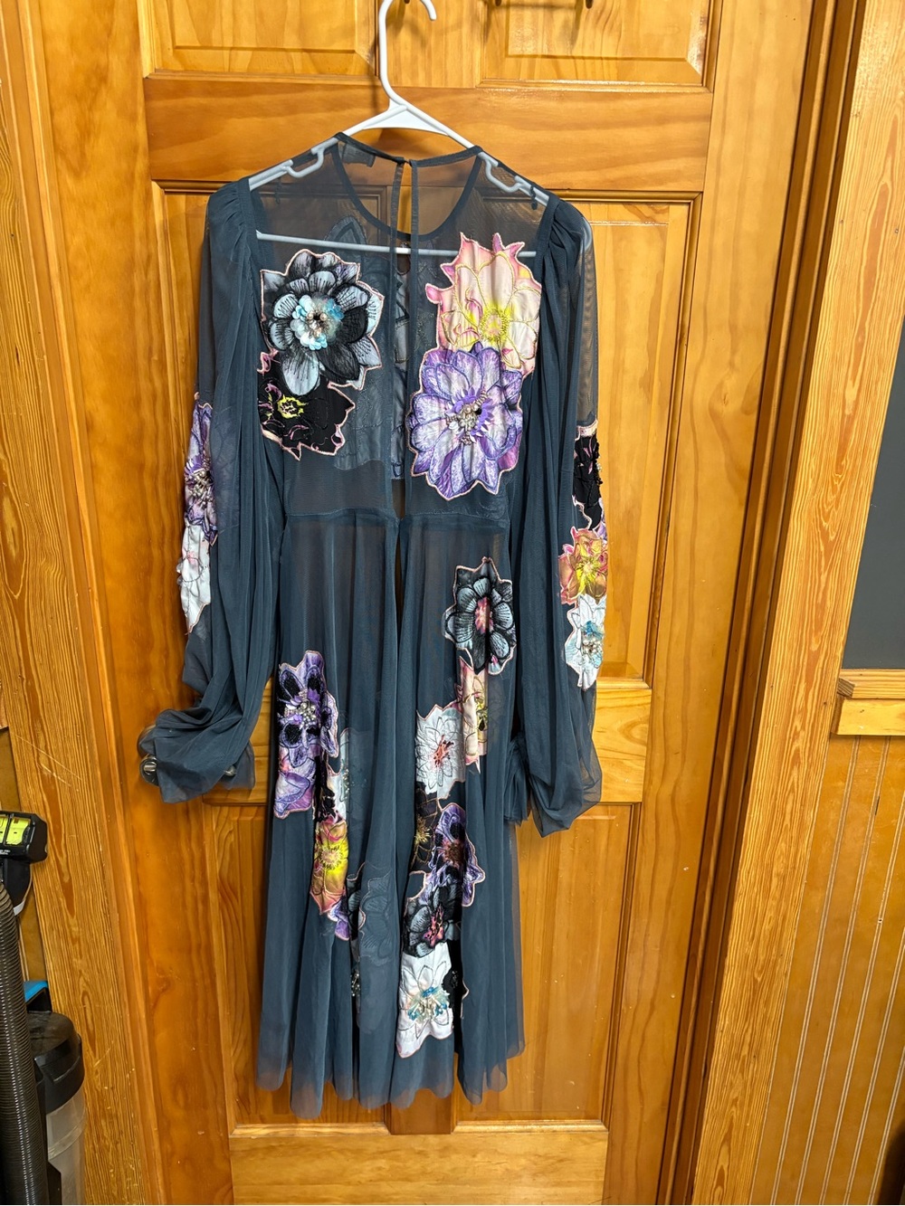 ASOS Black Sheer Long-Sleeve Floral Appliqué Midi Dress - Picture 3 of 3